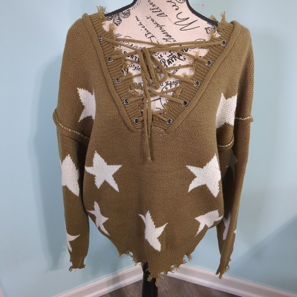 POL Star Lace up Distressed V-Neck Brown Sweater Size small festival